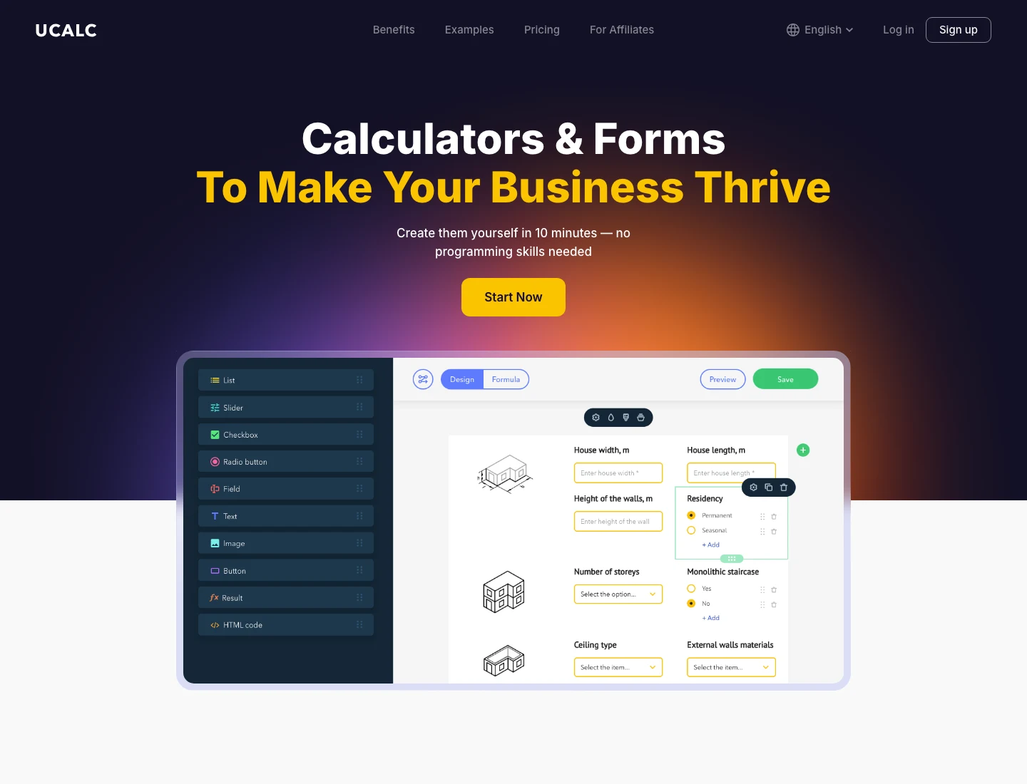 Formula Widget — Calculation Widgets for Business Websites uCalc visual calculator builder interface